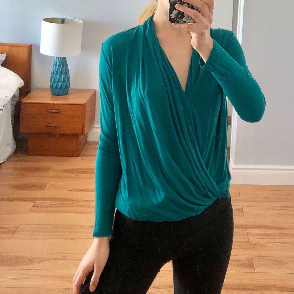 Babaton Teal Twist Front Plunging Blouse
